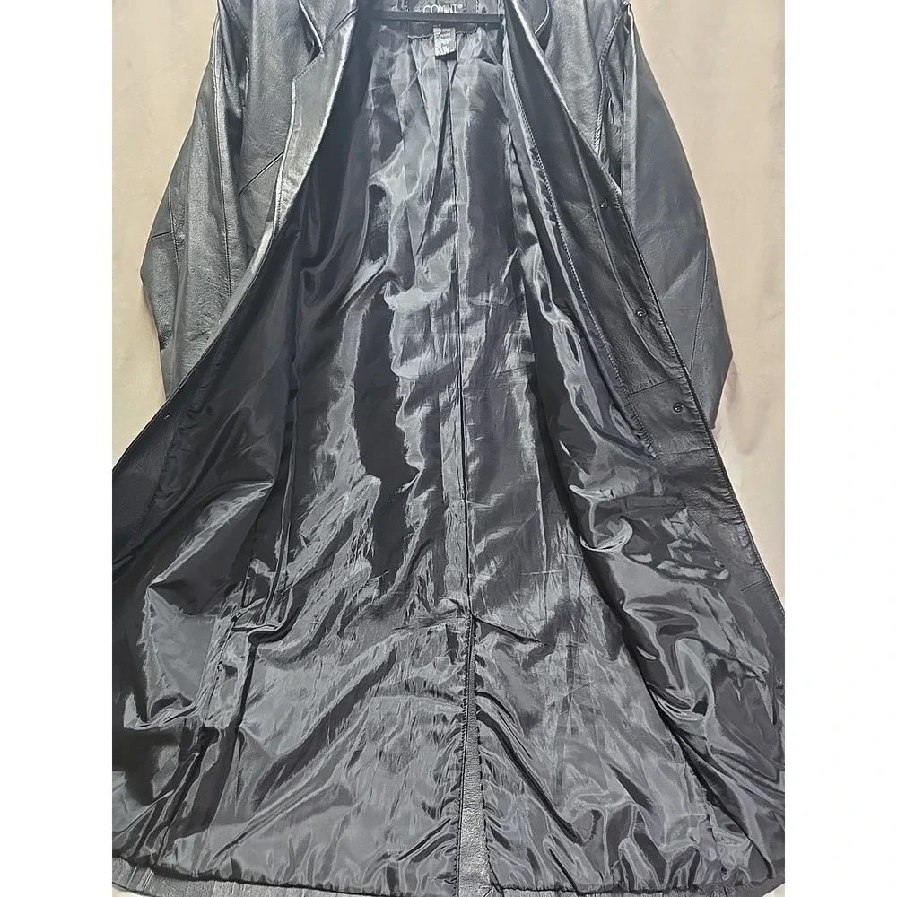 Vintage 90s Women Comint Black Leather Longline Trench‎ Coat Medium Oversized